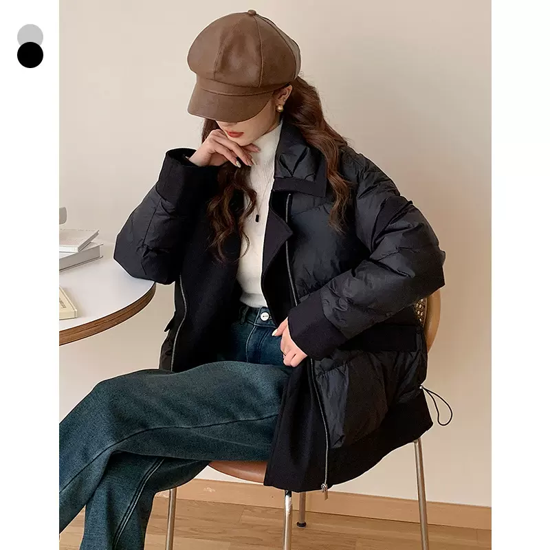 PLUS素町高级感翻领拼接羽绒服女2024冬季休闲百搭设计感羽绒外套