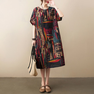 Summer new cotton printed loose short sleeve chubby girl over the knee dress retro elegant women's foreign trade plus size skirt