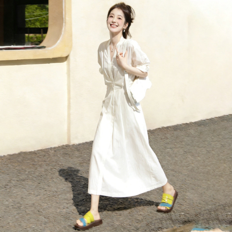 French-Style Elegant White Mid-Sleeve Dress for Women, 2026 Spring New Model, This Year's Trendy Beautiful Waist-Cinching Long Dress