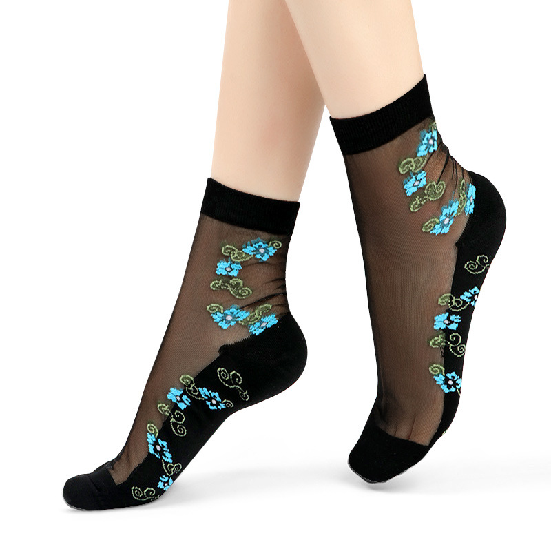Corea del Sur moda tejida medias de cristal de flores simples medias de cristal de fondo de algodón de flores ultra-Delgado invisible media pantorrilla calcetines de mujer moda al por mayor