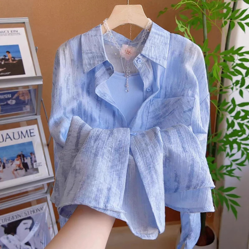 Fashionable and High-End Blue Tie-Dye Printed Ice Silk Shirt for Women, New Summer Casual Shirt with a Sense of Design A10373 Fashionable and High-End Blue Tie-Dye Printed Ice Silk Shirt for Women, New Summer Casual Shirt with a Sense of Design A10373