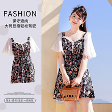 大码泳衣女保守遮肉裙式连体泳装碎花140斤显瘦温泉度假厂家批发