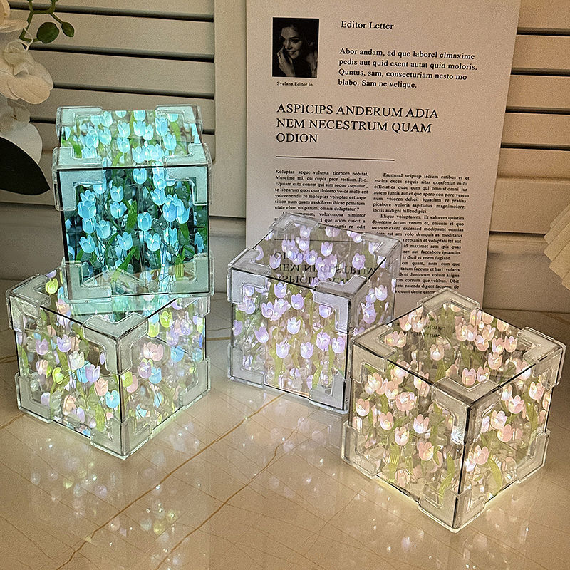 Kit de Materiales para Hacer una Lámpara de Noche con Espejo 3D en Forma de Cubo de Mar de Flores para el Día de San Valentín, Regalo Creativo de Cumpleaños para Novia