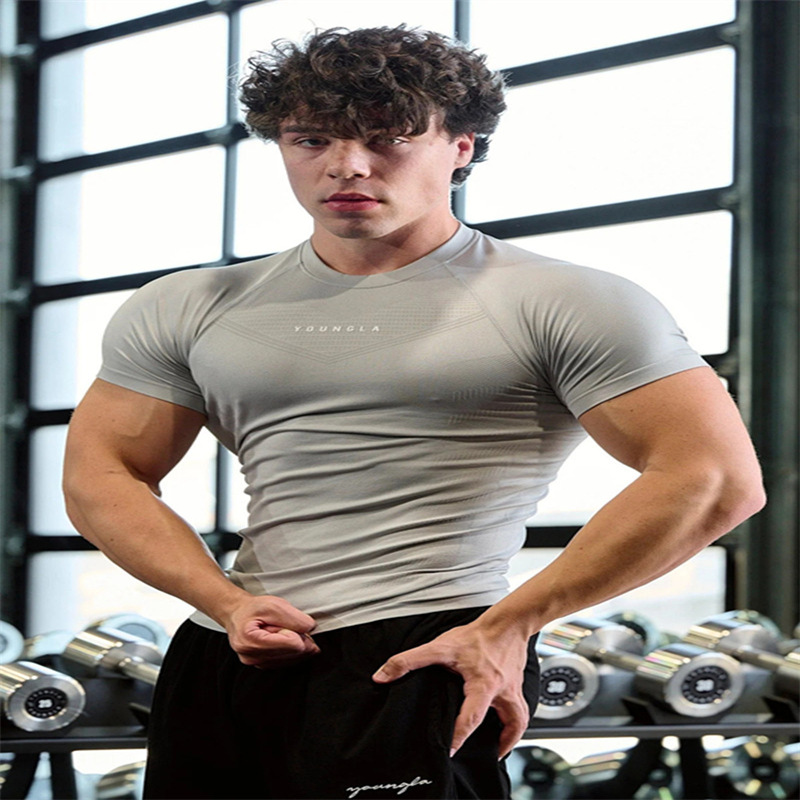 Youngal New Fitness Clothing Sports T-Shirt Muscle Bodysuit Men's High Elastic Training Clothing Short-Sleeved Fitness Clothing for Men