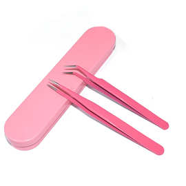 批发2支套装粉色不锈钢镊子直弯美妆工具美甲贴钻夹 饰品制作工具