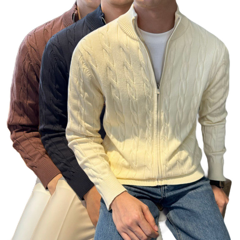 Cross-Border Popular European Size Large Size Twist Knitwear Sweater Men's Cardigan Jacket Old Money Style High-End Factory Wholesale