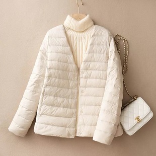 2024 New Light Down Jacket Women's Short Round Neck Inner Wearing Outer Wear Thin Women's Collarless Light Coat