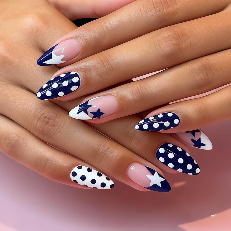 Almond Nails Are Elegant and Cool, Sky Blue, White Stars, Polka Dots, Glossy French Whitening Wearable Nails Almond Nails Are Elegant and Cool, Sky Blue, White Stars, Polka Dots, Glossy French Whitening Wearable Nails