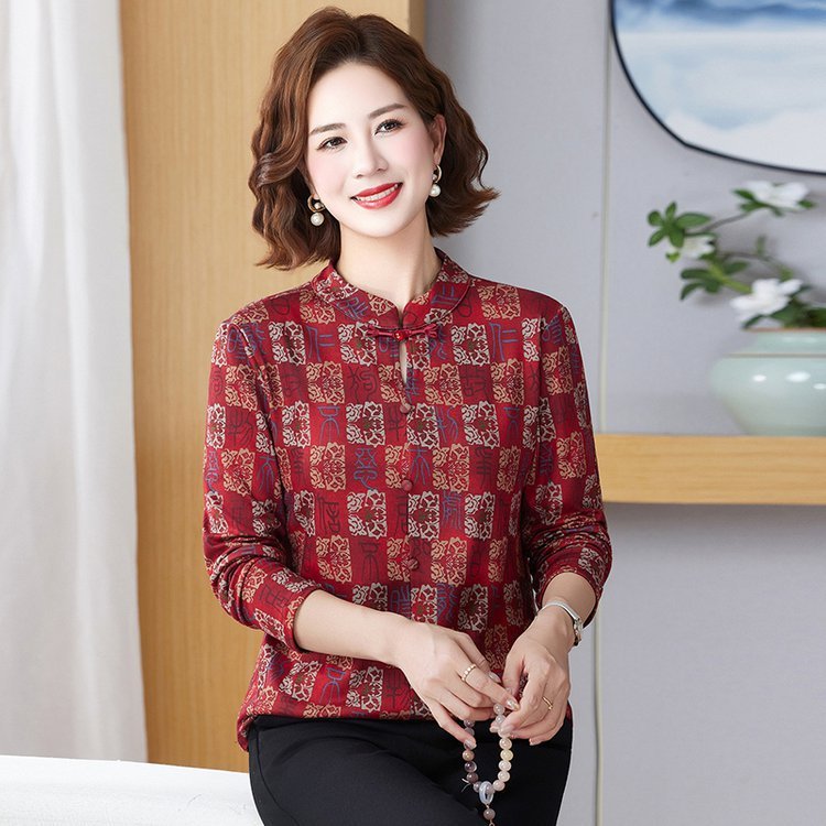一件代发新中式国风妈妈装长袖T恤女2025春秋新款打底衫印花上衣|undefined