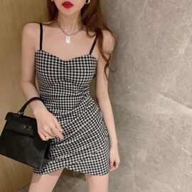 修身性感不规则领吊带千鸟格连衣裙女时尚潮流显胸包臀短裙夏季
