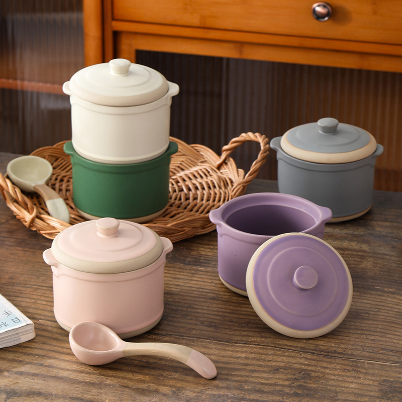 Stoneware Vintage Water-proof Stew Pot with Lid Binaural Stew Bowl Household Food-supplement Bowl Ceramic Small Stew Pot Handmade Clay-clay Porcelain Bowl