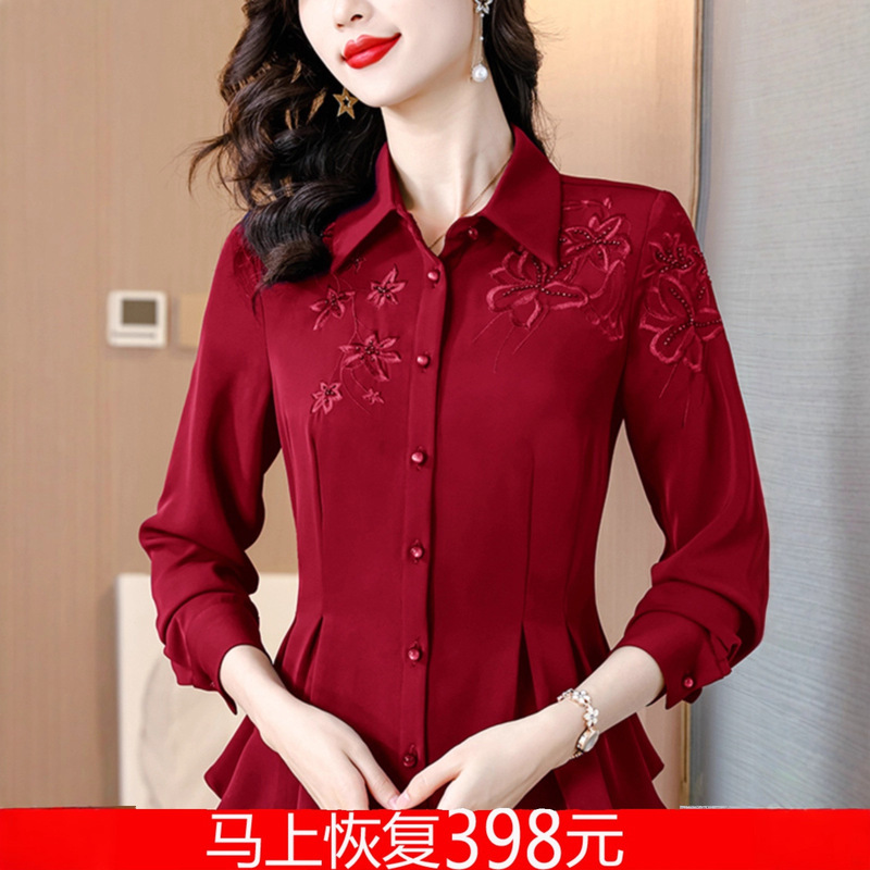 Long-Sleeved Silk Embroidered Shirt for Women Spring New Style Mom Red Elegant Top Beautiful Small Shirt Waist Slimming Style Long-Sleeved Silk Embroidered Shirt for Women Spring New Style Mom Red Elegant Top Beautiful Small Shirt Waist Slimming Style