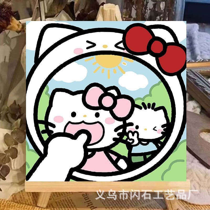个性甜酷HelloKitty凯蒂猫数字油画diy手绘丙烯油彩画手工装饰画|undefined