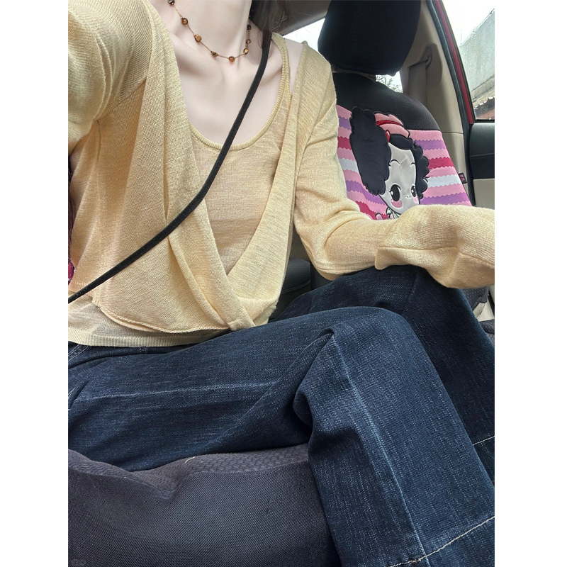 JUEMEI/黄色真两件秋季薄款防晒开衫女针织吊带背心慵懒风气质款|undefined