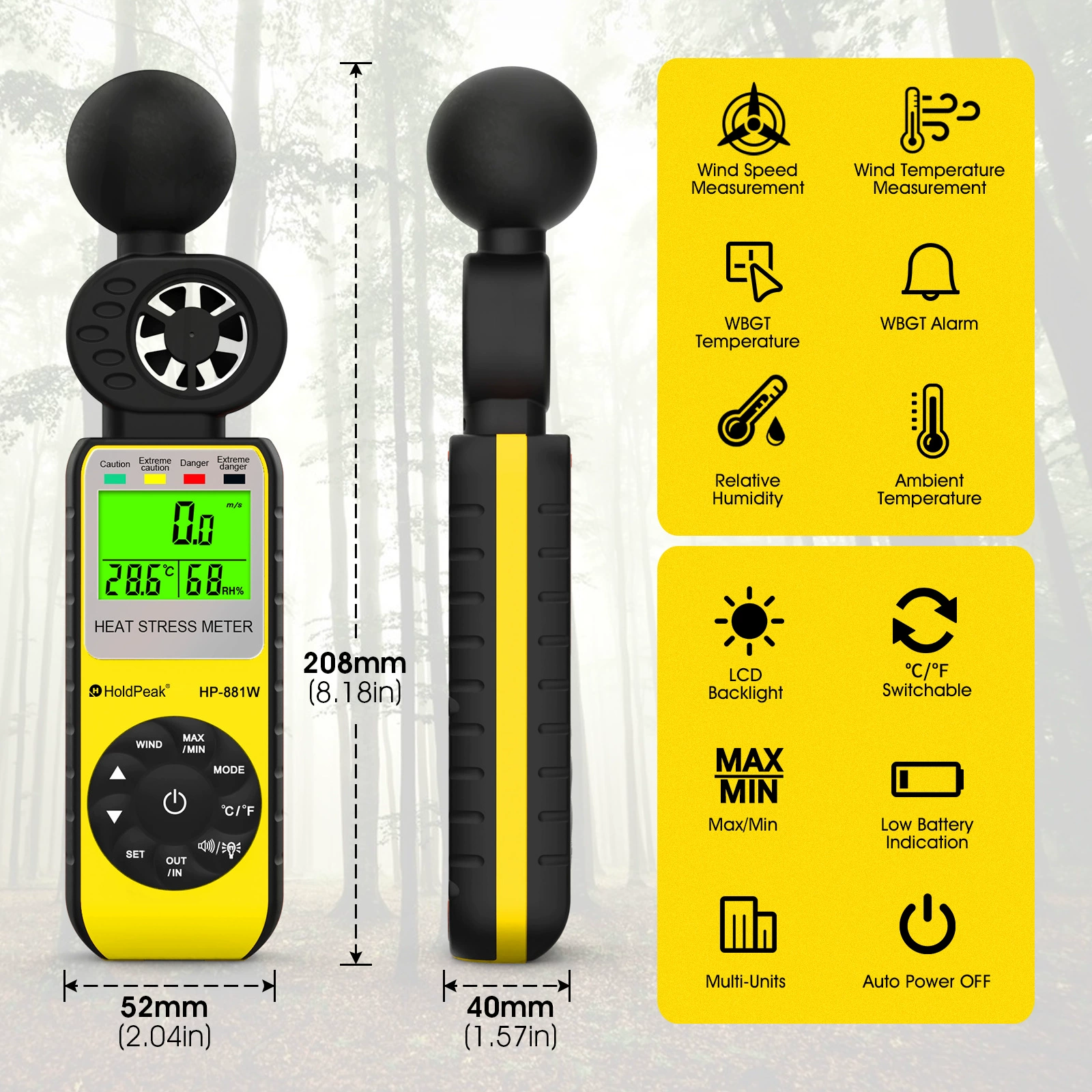 HP-881W(WBGT) ручной анемометр вентилятора Анемометр ветровой лопасти индекс наружного теплового удара указывает на трансграничное тепло