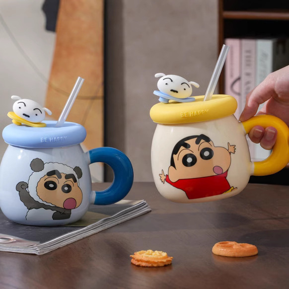 Crayon Shin-chan taza autorizada genuina con tapa con pajita taza pareja chica oficina taza de agua de alto valor