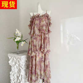 现货 Walkin k云影萝重工7米摆法式度假碎花雪纺短袖吊带连衣裙