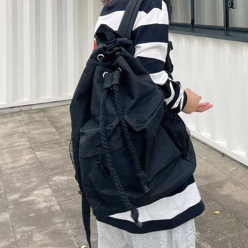 Korean niche canvas drawstring backpack trendy brand men's bag college student bag travel bag large capacity computer bag