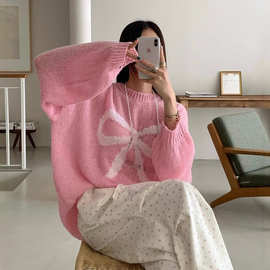 韩国chic春季甜美减龄蝴蝶结印花宽松休闲薄款百搭长袖针织衫上衣