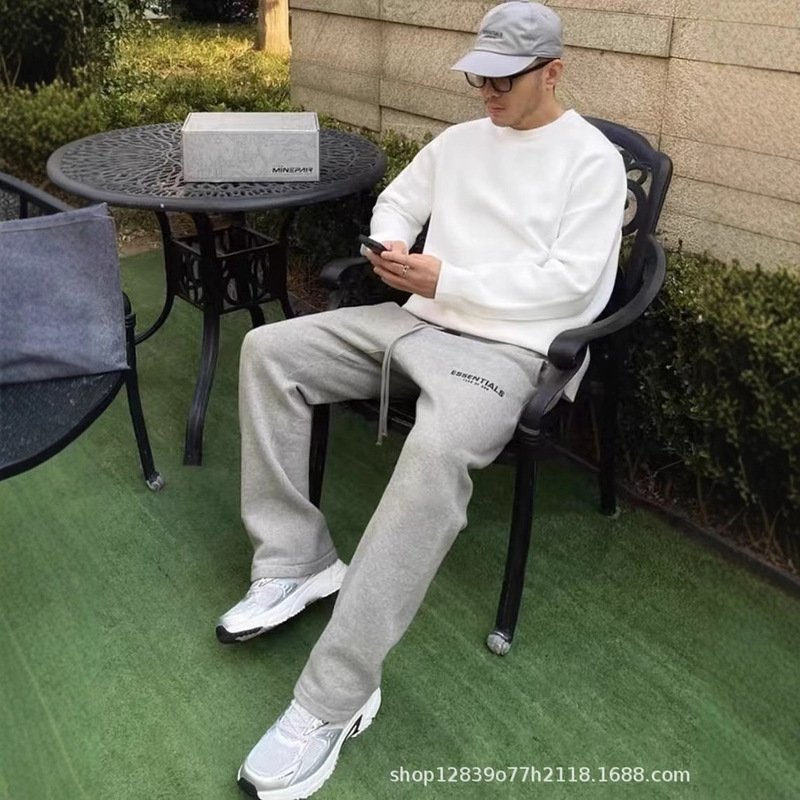 The double line ESSENTIALS fashion brand high street American autumn and winter fleece-lined trousers straight trousers men's eight seasons