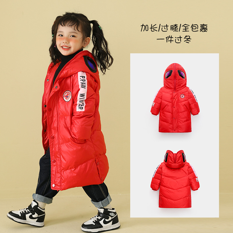 90% invierno nuevos hombres y mujeres ropa chaqueta de abajo para niños chaqueta de monstruo con capucha de longitud media para niños medianos y grandes