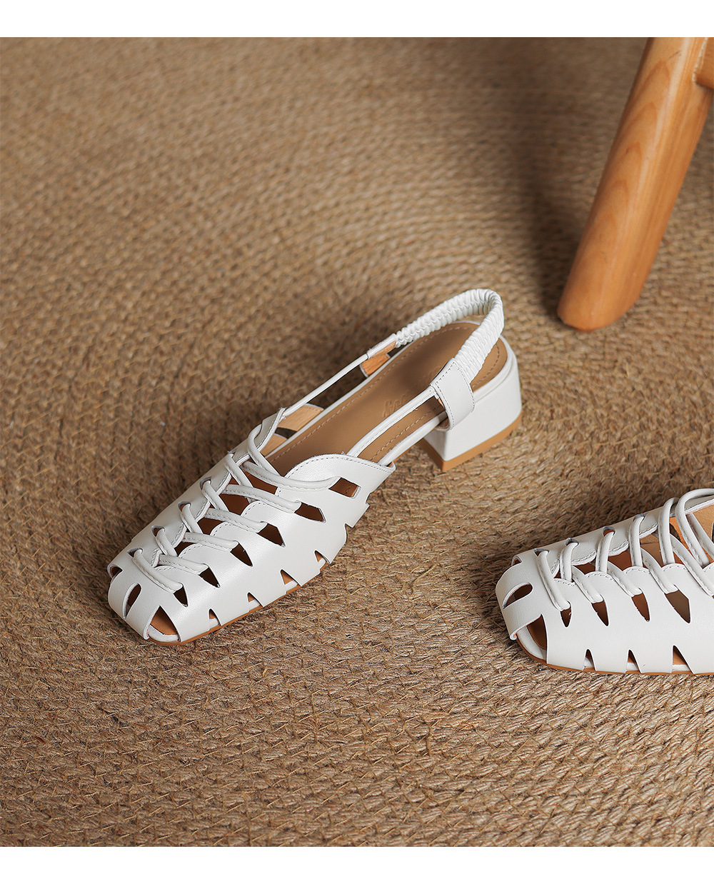 Dép sandal nữ da cừu bện mũi kiểu Pháp, gót thấp, quai chữ V đa năng — đen chi tiết 19