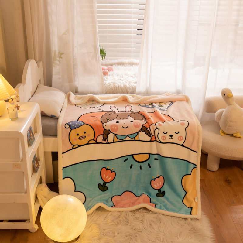 Cartoon children's blanket double-layer flanging lambswool flannel kindergarten nap blanket baby cover blanket wholesale
