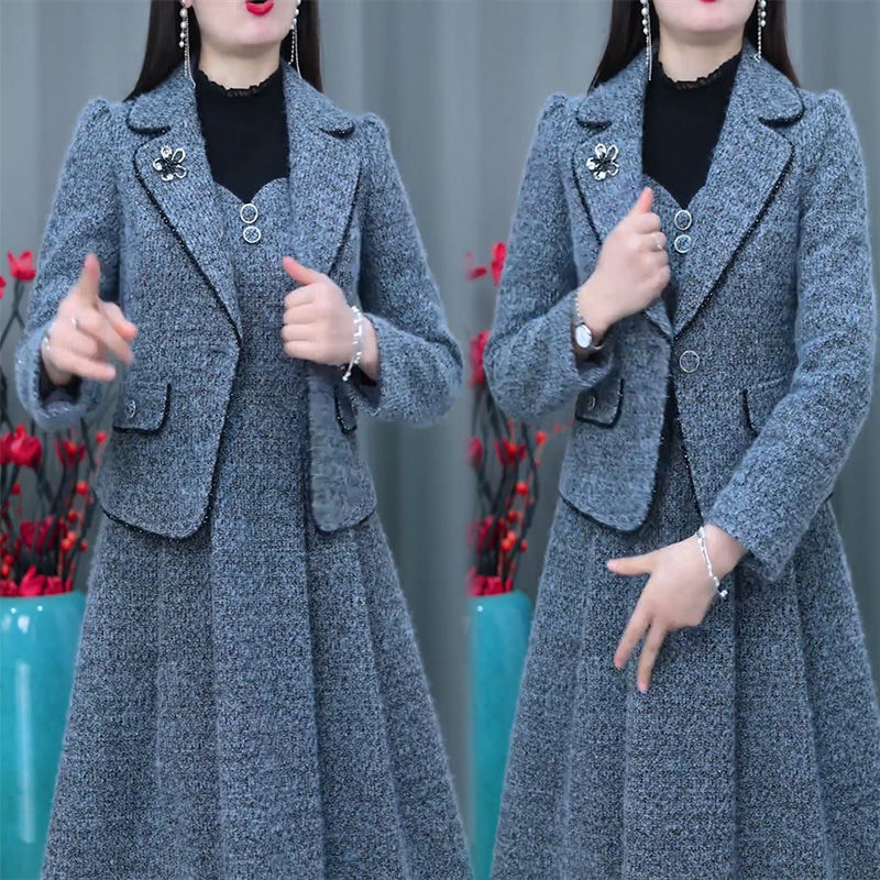 长袖连衣裙套装女2025春秋新款小香风外套显瘦时尚两件套裙子|undefined