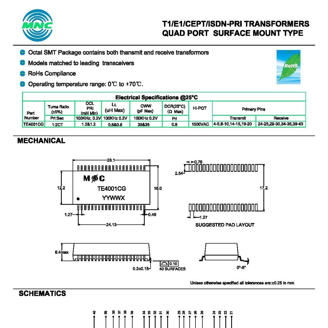 TE4001CG 以太网络变压器T1/E1/CEPT/ISN-PRI TRANSFORMER