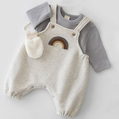 Korean style ins baby toddler onesie two-piece set baby cute rainbow suspenders pants round neck undershirt cotton suit 