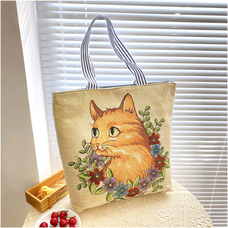 189g Weight Polyester Lining Material Zipper Closure Type Double Shoulder Straps Strap Type Tote Bag Bags Type Casual, Daily Occasion Linen Material Animal Pattern All Seasons Season Women's Gender Cute Style Square Shape Women's Linen Animal Cute Square Zipper Tote Bag 13