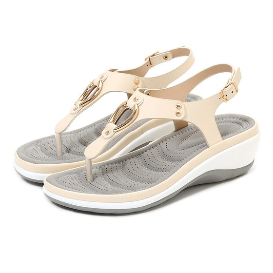 New wedge flip-flops beach sandals rubber outsole metal decorative casual women's shoes buckle mid heel women's shoes for delivery