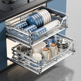 Pull Basket Kitchen Cabinet 304 Stainless Steel Double-Layer Drawer-Type Kitchen Pull Basket Storage Cupboard Built-In Bowl Basket Dish Rack