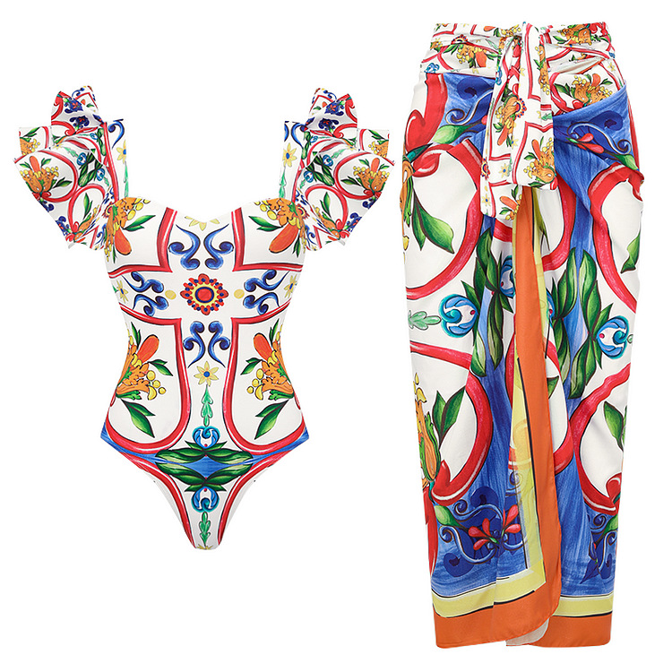 Women's Glam Retro French Style Digital Printing Asymmetrical Ruched One Piece Swimwear display picture 11
