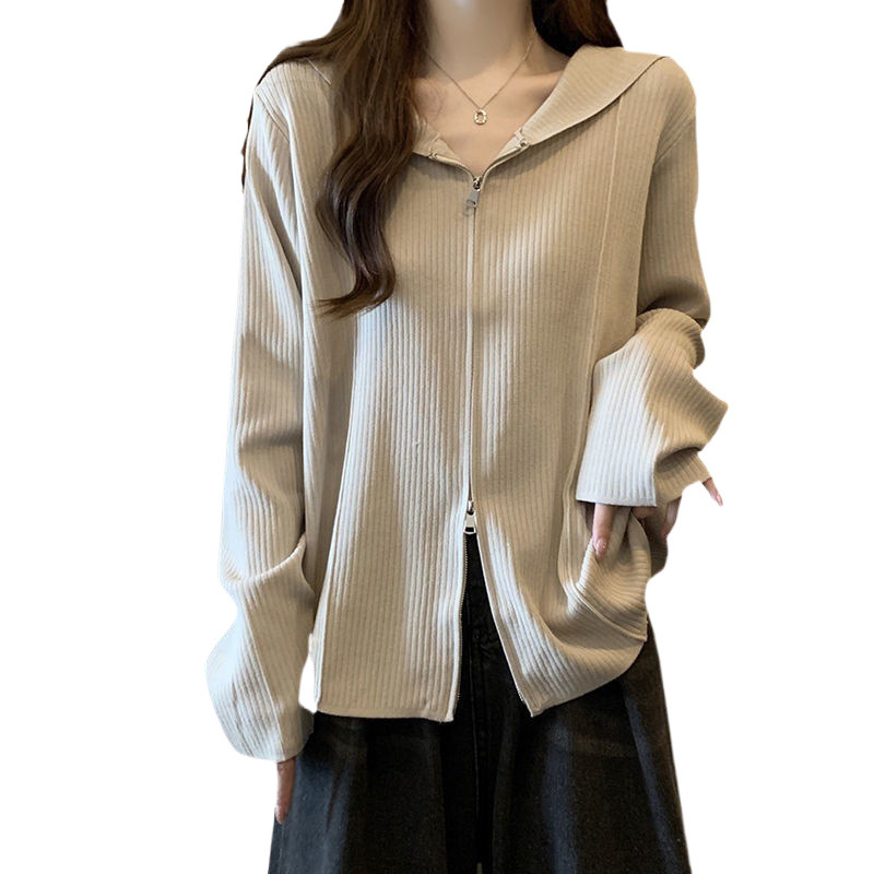 더블 지퍼 후드 가디건 스웨트 봄과 가을 얇은 새로운 느슨한 플러스 사이즈 디자인 틈새 후드 긴 소매 탑