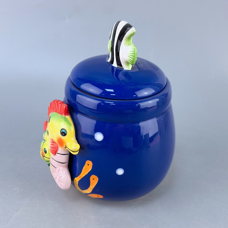 Cavallo de mar cerámico transfronterizo dibujado a mano en relieve tanque de azúcar tanque de almacenamiento estilo europeo adorable serie marino modelado suministros de cocina