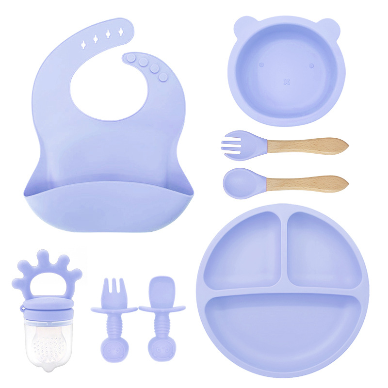 Set de ocho piezas (bazo + ventosa pequeña + cuenco de oso pequeño + crown bite + cuchara de tenedor de madera + cuchara de tenedor de oso pequeño) púrpura claro
