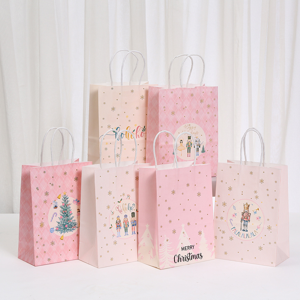粉色圣诞印花系列牛皮纸袋 礼物袋 节日派对包装袋 手提袋 礼物袋