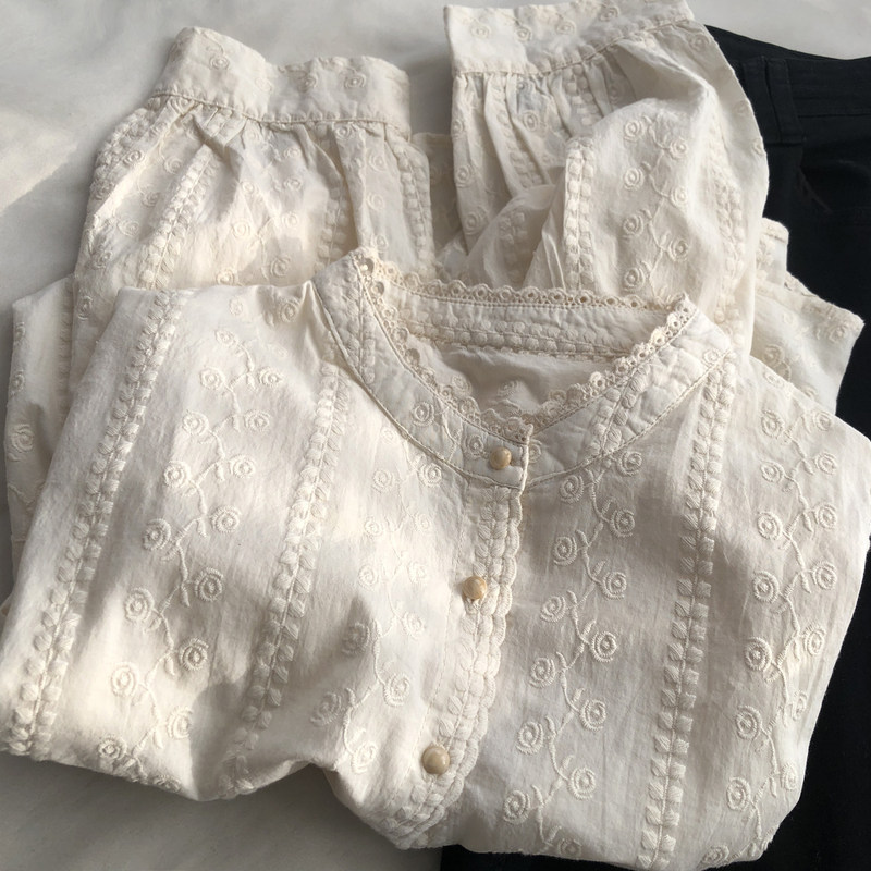 Elegant and Gentle, Intricately Embroidered Lace, Sweet and Versatile Shirt for Women, Early Spring Button-Up Stand Collar Long-Sleeve Blouse