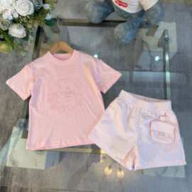 儿童衬衫2025夏季女童棉短袖短裤可爱两件套格子套装粉红色现货韩