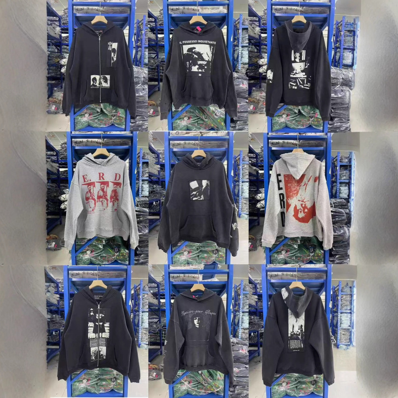 Cross-Border Erd Style West Coast Cross Sanskrit Washed Zipper Hooded Sweatshirt American Vintage Hoodie