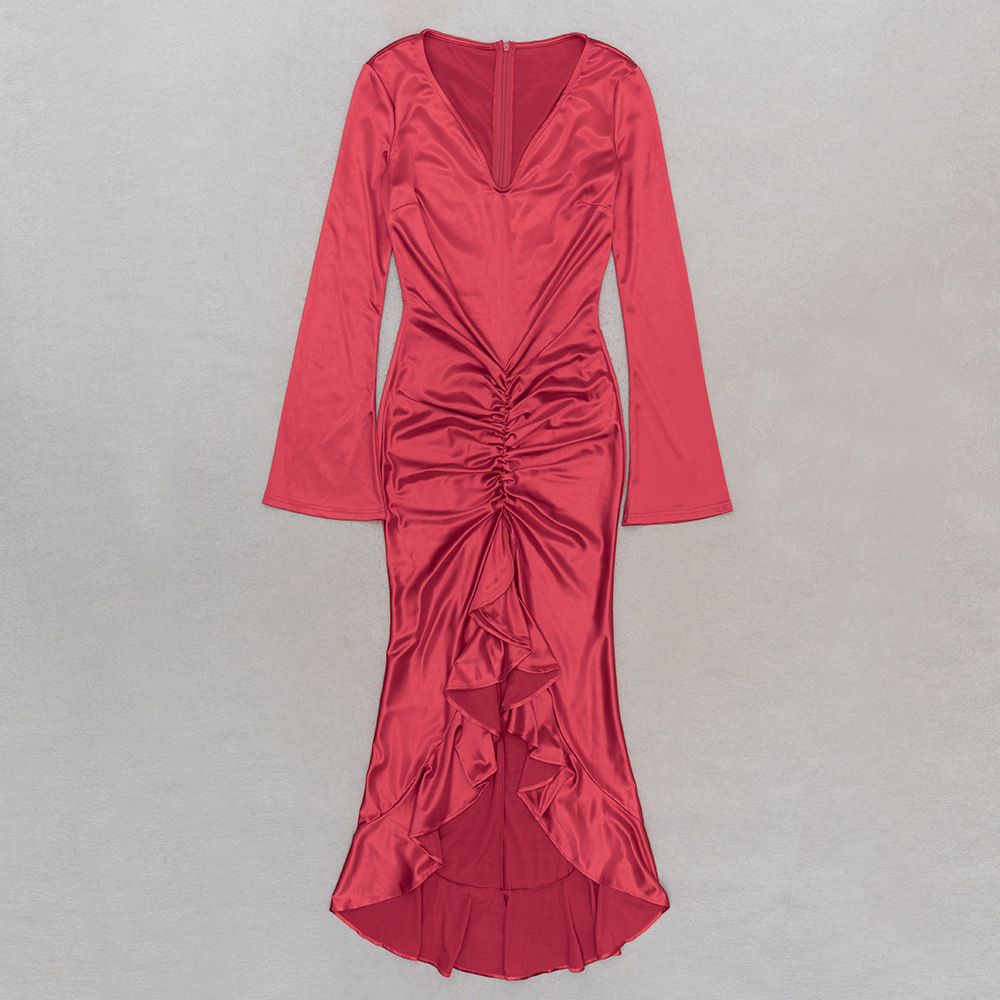 V neck Pleated Irregular Asymmetric Design Long Sleeve Dress Dinner Dress