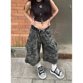 美式复古大码迷彩多口袋工装裤男女国潮宽松直筒阔腿设计七分裤