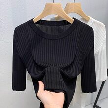 仅用于产品展示勿拍-黑色中袖针织衫女春秋薄款修身软糯坑条毛衣