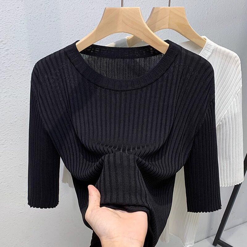 仅用于产品展示勿拍-黑色中袖针织衫女春秋薄款修身软糯坑条毛衣
