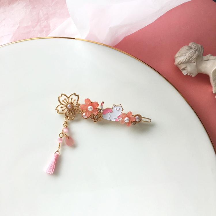 Fashion Pink Flower Tassel Kitty Hairpin display picture 2