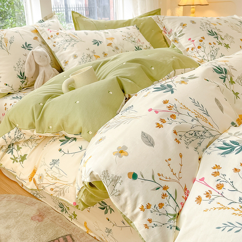 Juego de cuatro piezas de algodón 100 algodón puro 2025 nuevo estilo sábana floral funda de edredón sábana ropa de cama de tres piezas