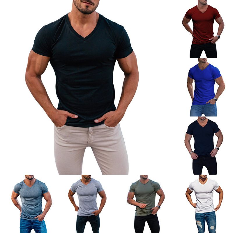 2025 Foreign Trade Men's Outdoor Solid Color V-neck T-shirt Casual Quick-drying Breathable Sweat-wicking Short-sleeved Multi-color Top in stock Hair