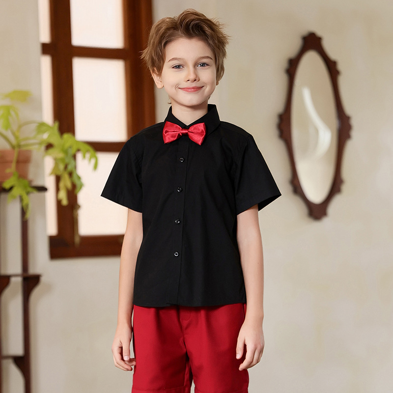 Camisa negra de manga corta para niños, ropa de actuación para niños de primavera y verano, camisa de algodón, uniforme escolar para estudiantes de primaria y secundaria, ropa de actuación