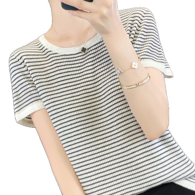 Retro knitted summer thin elastic design short sleeve T-shirt